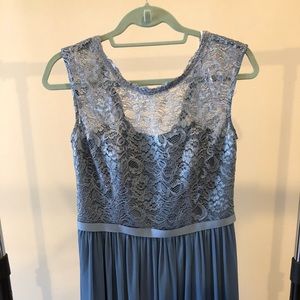 Long, blue formal dress.